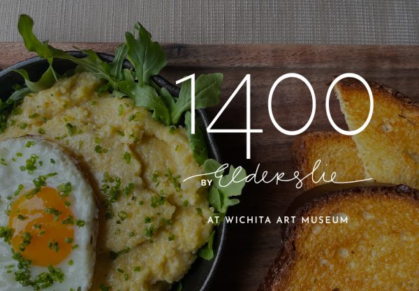 Photo of fried egg and grits with arugula in a skillet next to three pieces of toasted bread and the words 1400 by Elderslie at Wichita Art Museum overlaid on top