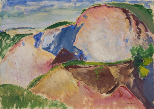 Landscape in abstract style with mountains in red-orange tones,and blue tones in the background. Foreground has patch of green.