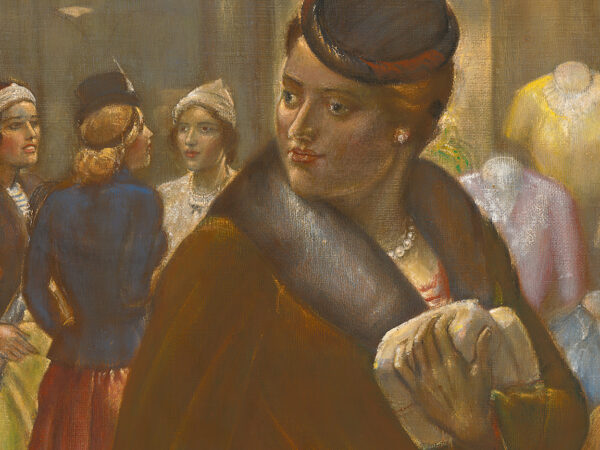 Painting of a woman wearing a small blue hat, fur coat, pearl earrings and carrying a handbag and small parcels with a group of women behind her standing next to a store window with women's clothing for sale