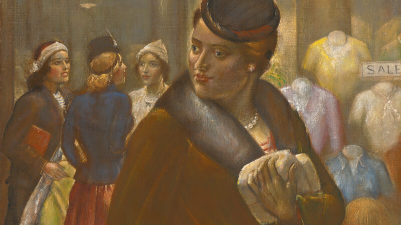 Painting of a woman wearing a small blue hat, fur coat, pearl earrings and carrying a handbag and small parcels with a group of women behind her standing next to a store window with women's clothing for sale