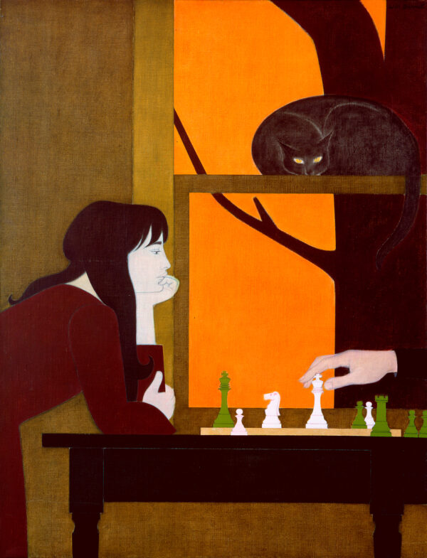 Two people playing a game of chess; a young woman (Barnet's daughter, Ona) with long black hair at left, her chin resting in her left hand and concentrating on the move of her opponent; other player at right not visible except for the extended hand; window behind table with view of a bare tree; black cat on rail of window and gazing out at viewer. Chess Game pictures Barnet’s daughter, Ona, in the New York City brownstone the family began renting in the late 1960s. Barnet was fascinated by the 1901 building and used it as the setting for many of his prints and paintings during this period. The artist was particularly interested in the home’s original woodwork—slanting floors, old staircases, bannisters, windows, and doorways. In both his figural and abstract work, Barnet had always juxtaposed strong verticals with horizontals and curves with right angles. His home’s architecture provided new ways to experiment with these elements. Ona, silhouetted against the right angles of the window frame, leans contemplatively against the table with her face cupped in her hand. Her chess partner’s whole body is not visible—only his arm stretches across the table. The lack of the other player’s presence removes any sense of easy, relaxed playfulness from the work. Instead, Chess Game becomes a meditation on choice and chance.