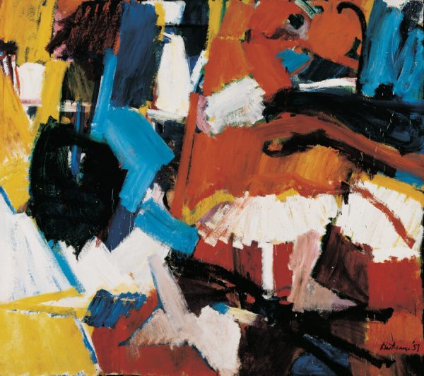Abstract painting with bright colors of blue, red, orange, yellow.