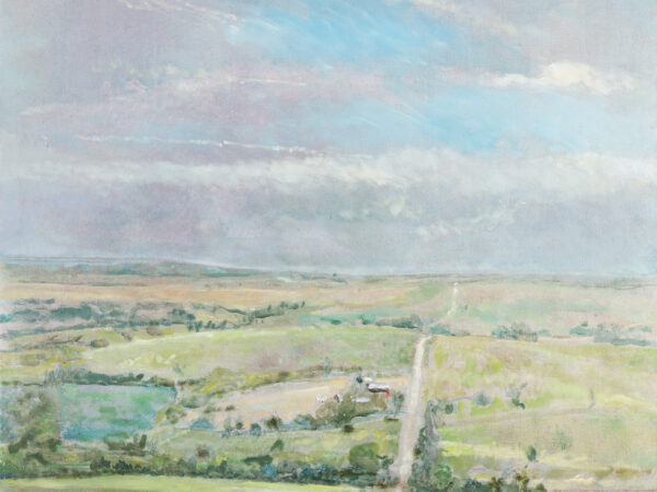 Landscape painting with a road going through the middle of vast fields and a big blue sky with clouds above it