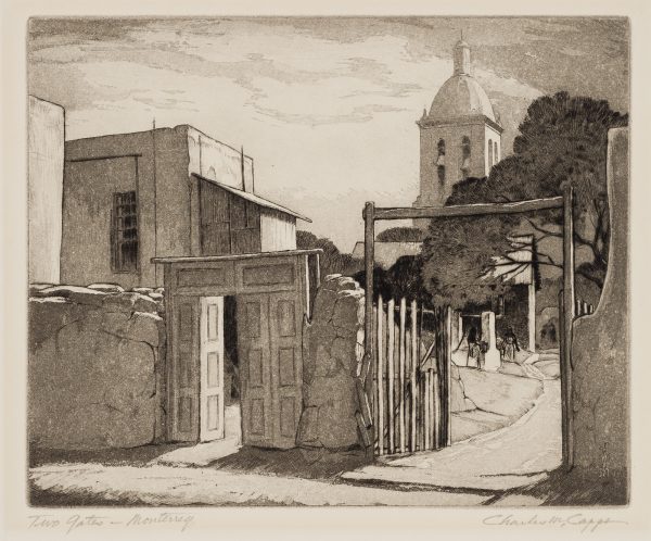 A black and white print of a stone wall with a wooden door gate and a slatted wood gate, with a path leading to trees and a domed tall building in the background with two women at a water well.