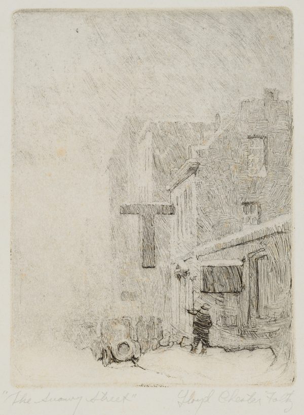A black and white print of a hazy winter street scene with cars, pedestrians on sidewalk and shop fronts.