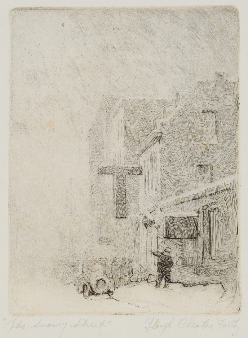A black and white print of a hazy winter street scene with cars, pedestrians on sidewalk and shop fronts.