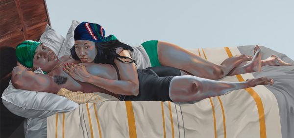 A Black man and a Black woman laying in a bed together