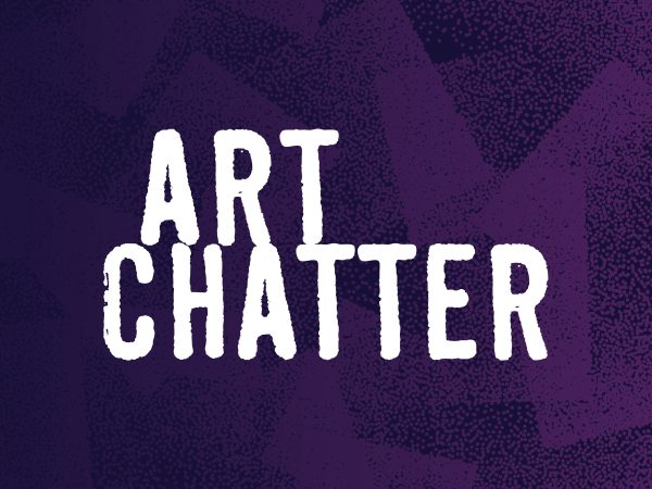 Logo for Art Chatter with words in sans-serif white font and the background in purple and black abstract shapes