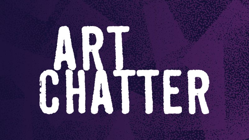 Logo for Art Chatter with words in sans-serif white font and the background in purple and black abstract shapes