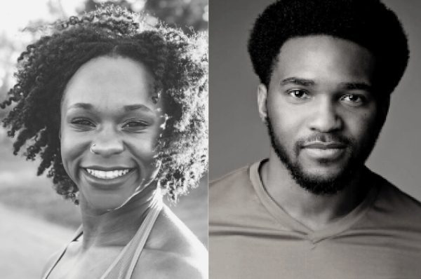 Side-by-side black and white photographs of a woman and man. Woman on left has dark curly hair and is smiling. Man on right has dark hair and is dressed in a t-shirt.