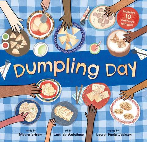 Book cover of many hands grabbing various types of dumplings. Book title is