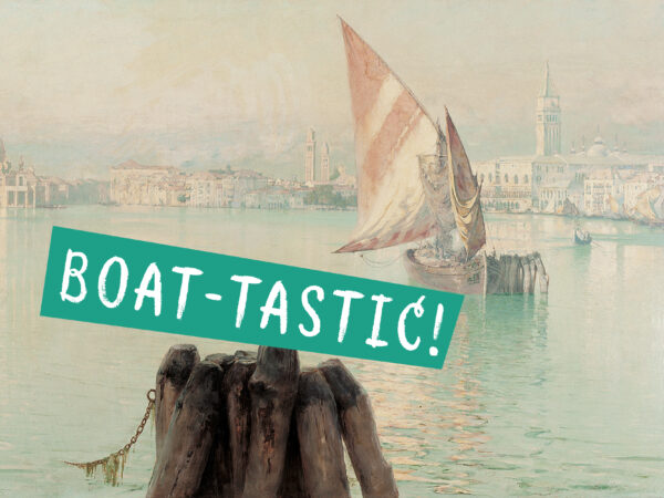 Painting of a sailboat in a harbor with a log piling in the foreground. Green text both with Boat-tastic across the image.