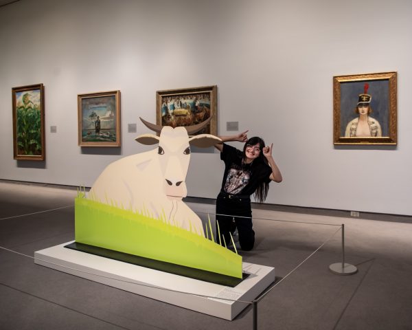 Woman in gallery with artwork of cow.