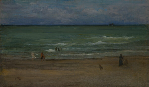 Painting of a beach scene with a blue sky and clouds and a misty green sea with white caps and a tan beach with four human figures and a dog