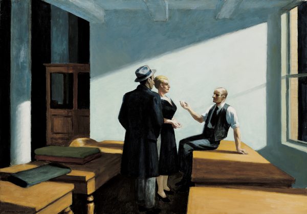 Three figures converse in a room strongly lit by the window at the right.