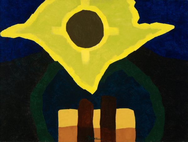 An abstracted sun in yellow and lime green.