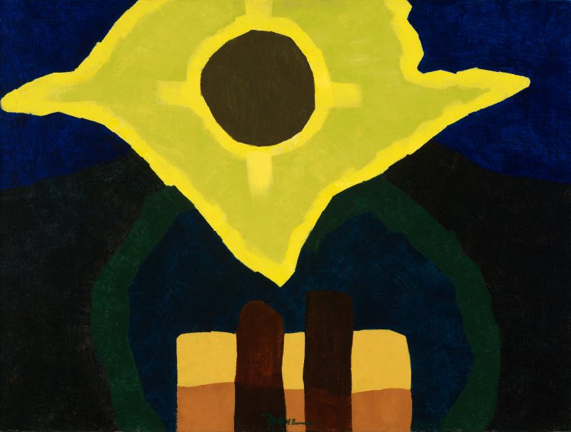 An abstracted sun in yellow and lime green.