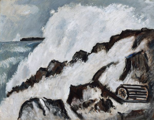 A coast line with strong waves bursting on rocks and a lobster pot.