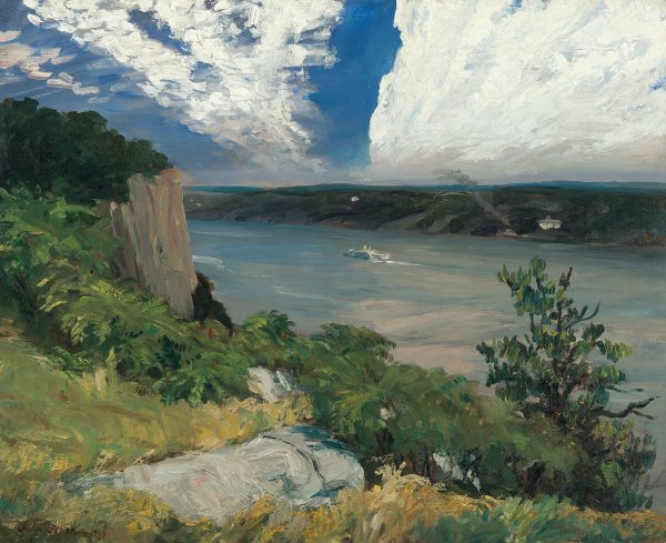 The view is from a high hill with rocky cliffs to the left and a view of a large river. The sky has white clouds radiating out from the center.