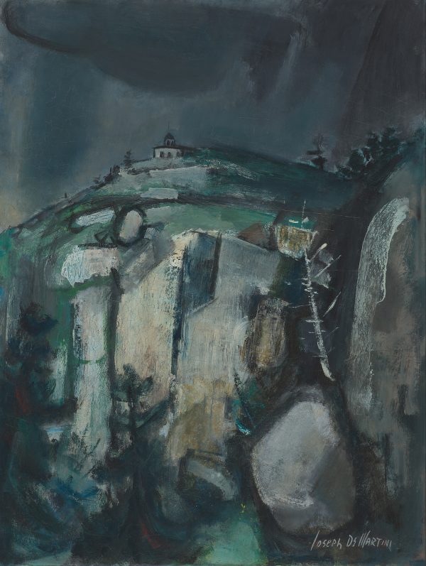 A rocky cliff with a tiny building on top and a dark, stormy sky.