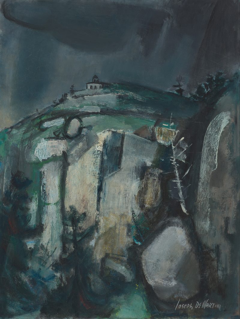 A rocky cliff with a tiny building on top and a dark, stormy sky.