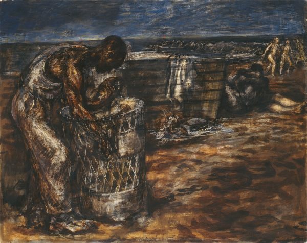 A beach scene of a man going through a trash can. Artist note:  
