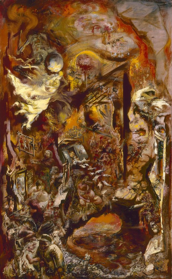 A vertical composition of the horrors of war.