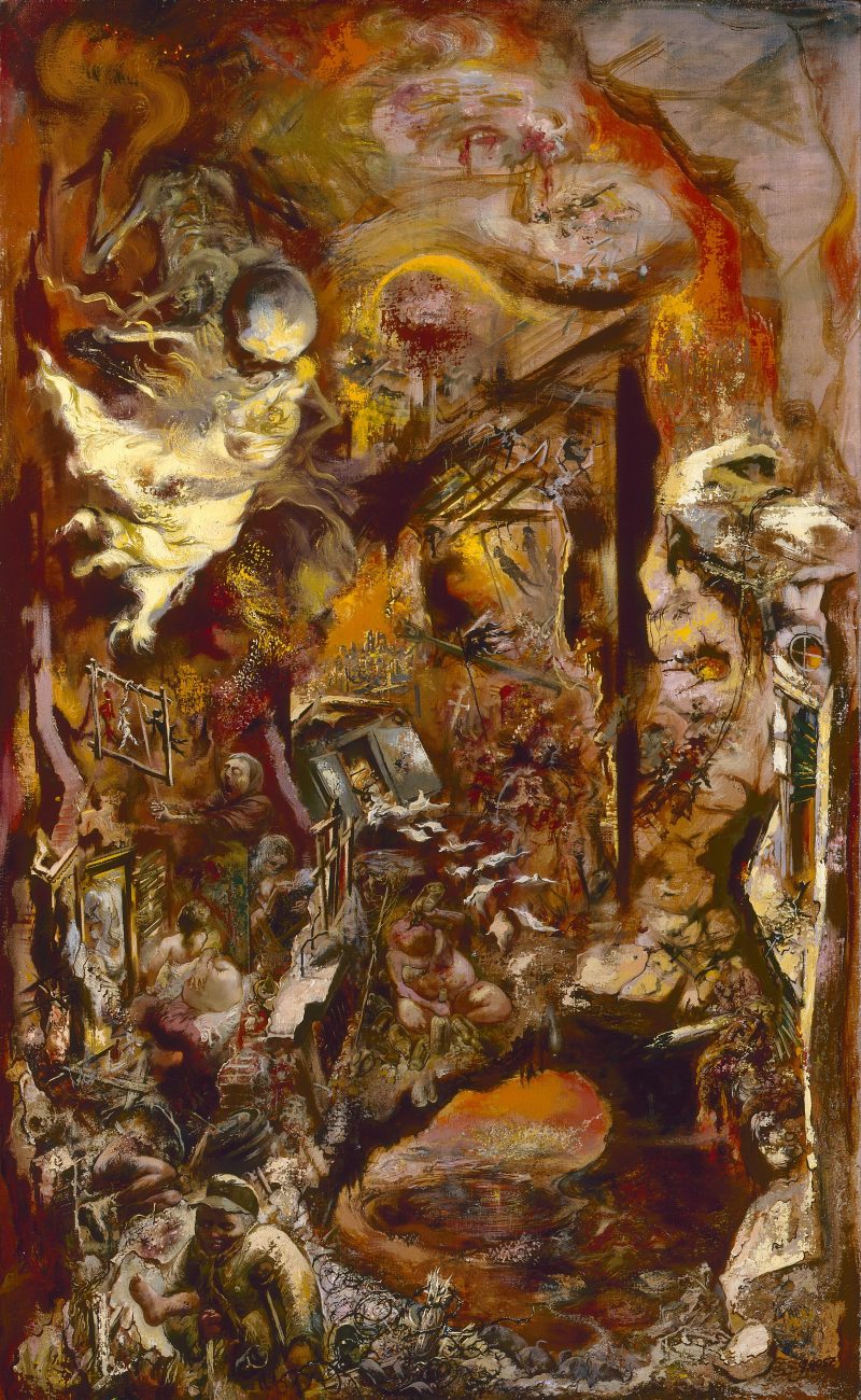 A vertical composition of the horrors of war.
