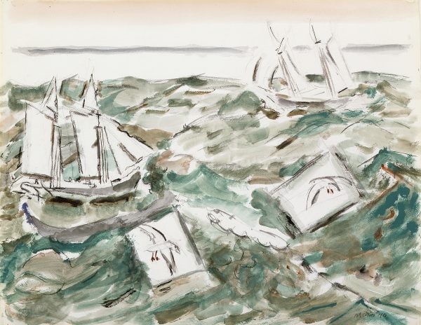 Two boats are tossed on a rough sea with two gulls who each on their own blank rectangle for a background.