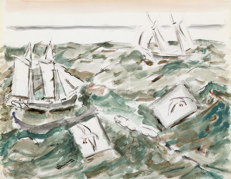 Two boats are tossed on a rough sea with two gulls who each on their own blank rectangle for a background.