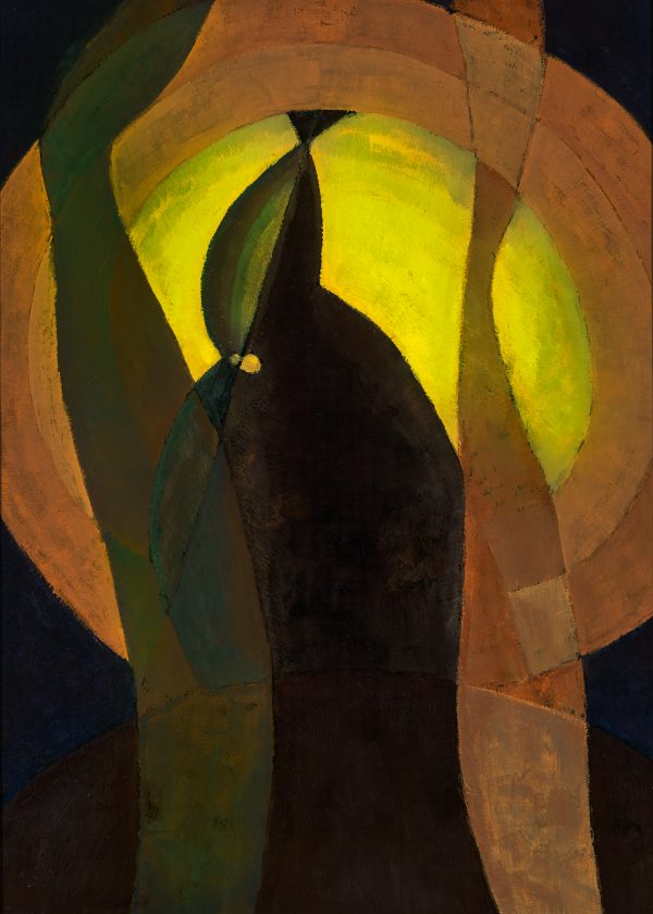 Abstract dark shapes in front of a yellow sun.