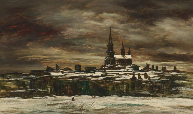 A cathedral is seen in the distance with a snowy foreground and stormy sky.