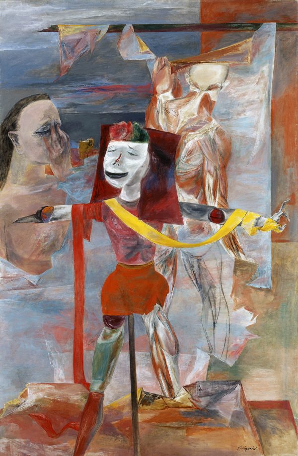 A stick figure wears a mask.The figure has legs apart, on with torn clothes, the arms are stretched straight out with the proper right hand missing, the left hand in a graceful thumb and middle finger touching pose. There is a yellow ribbon and a red ribbon on the damaged arm. Ther full sized figure in the back has no skin so the muscles and tendon groups are exposed. A head on the left has his hand covering his face with an anguished expression in the eyes. The bottom has an abstracted landscape.