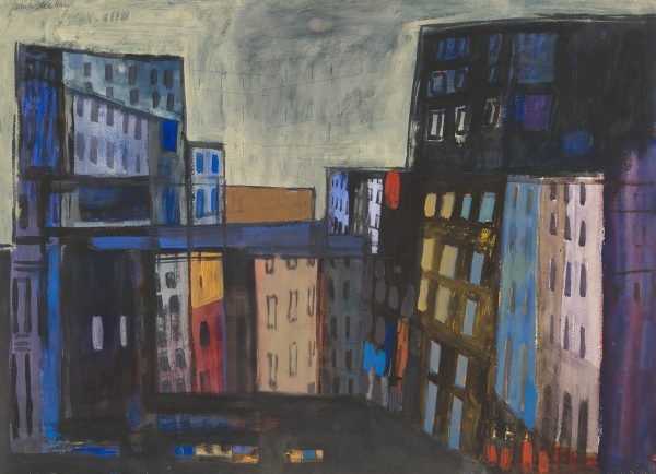 Buildings are painted in jewel tones and black to suggest the coming nightfall.