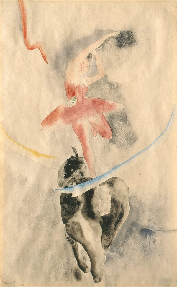 A female circus rider rides a horse by standing on one leg on the horse's back. She is trailing a long ribbon that encirlces both of them