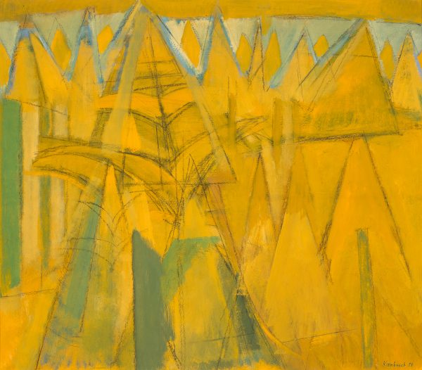 An abstraction in yellow, gold and greens.