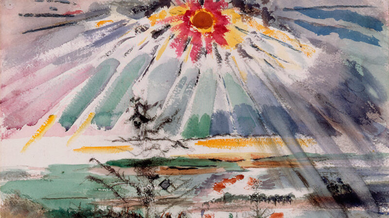 Abstract painting of a landscape in orange, gray and blue tones. Foreground is a shoreline with grasses, trees, overlooking a body of water in green-blue, with an abstract sun in the moddle of the top in bright oranges and streaming in mauve and blue tones