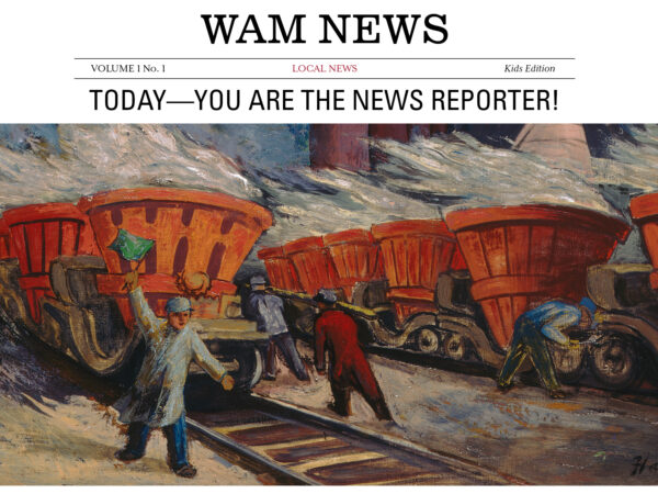 Painting of a man holding a green flag near a railroad with other men looking at and working on the rail cars