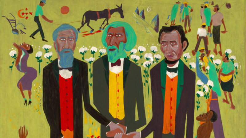 Figures of three men, Frederick Douglass, John Brown and Abraham Lincoln, in front of a light green background with icons of a man plowing with a mule, people working and cotton plants around them
