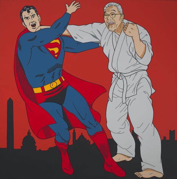 Painting of Superman fighting a gentleman in white clothes against a red background.