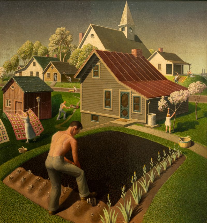 Grant Wood, Spring in Town, 1941, oil on Masonite panel, 32 x 30 3/8 x 3 in. Swope Art Museum, Museum Purchase.