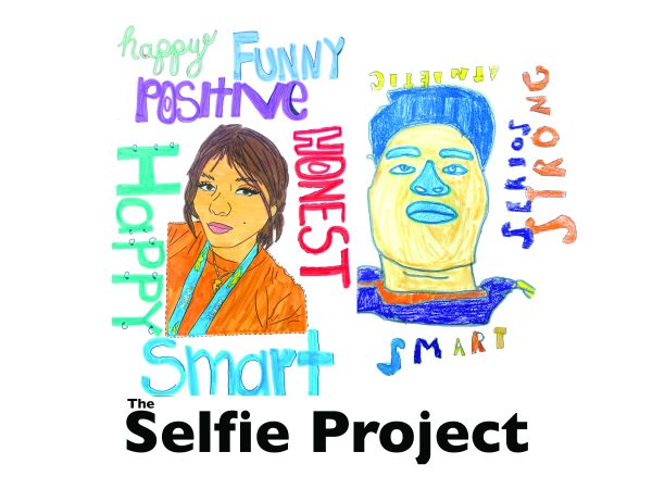 Graphic design of The Selfie Project with two drawn faces and words surrounding them