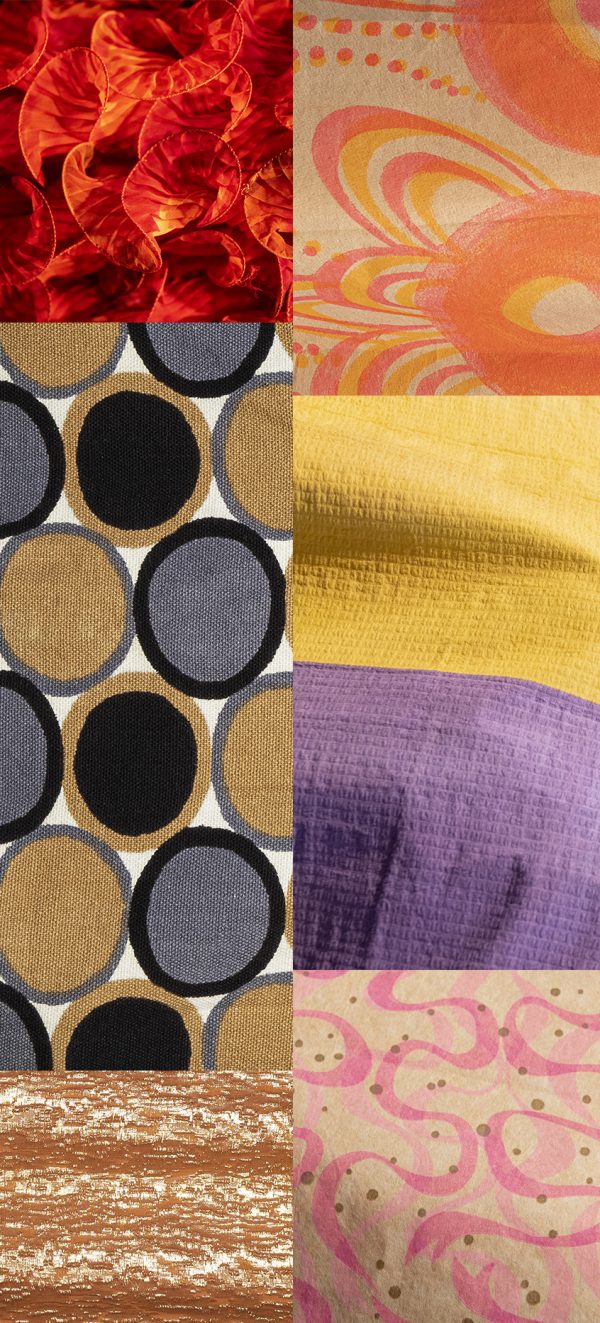 Six colorful fabrics and papers photo-stitched together reflect playful patterns of various shapes