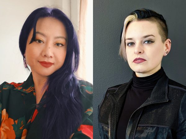 Photos of two women. On left, head and shoulders of a woman with long dark hair, wearing a black and red. ON right, woman with short hair, blonde on left side of her face, dark on right, dressed in black turtleneck