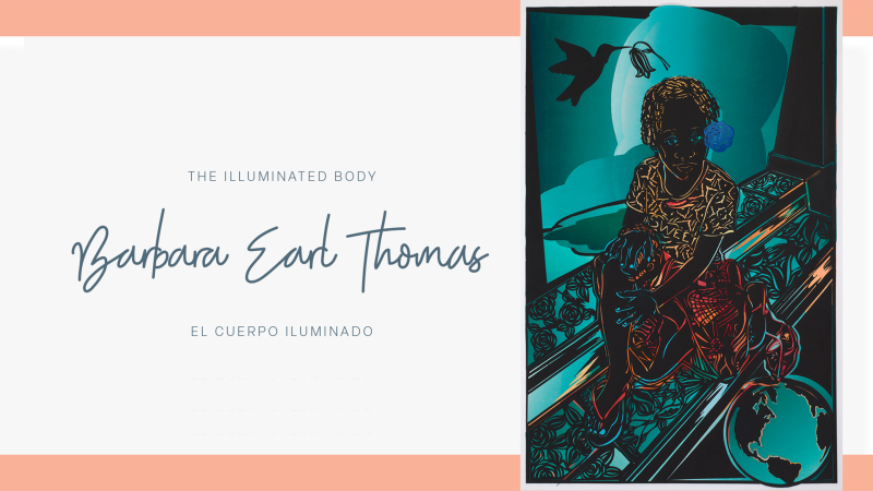 Barbara Earl Thomas typed in a fancy font next to artwork of a girl sitting on a flower-engraved bench