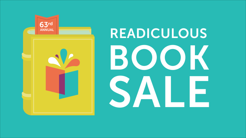 Friends of the Wichita Art Museum Readiculous Book Sale logo with a teal background and words in white with a multi-color book graphic