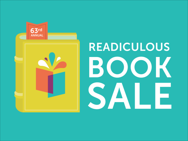 Friends of the Wichita Art Museum Readiculous Book Sale logo with a teal background and words in white with a multi-color book graphic