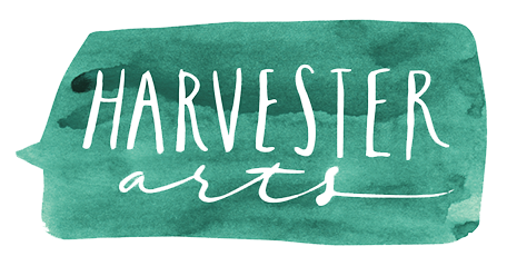 Harvester Arts logo on a green background with white text