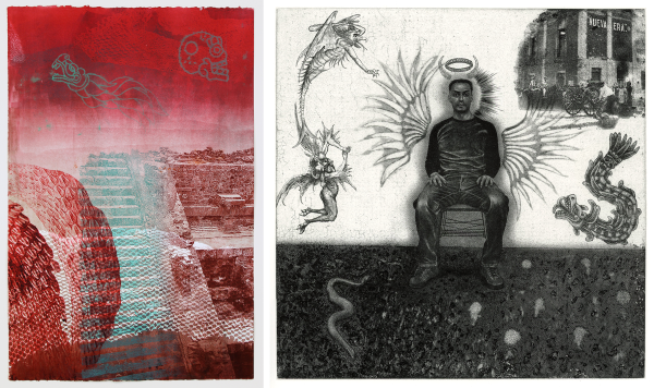 2 pieces of artwork by Marco Hernandez: a screenprint of a waterfall and a portrait of Marco wearing a halo