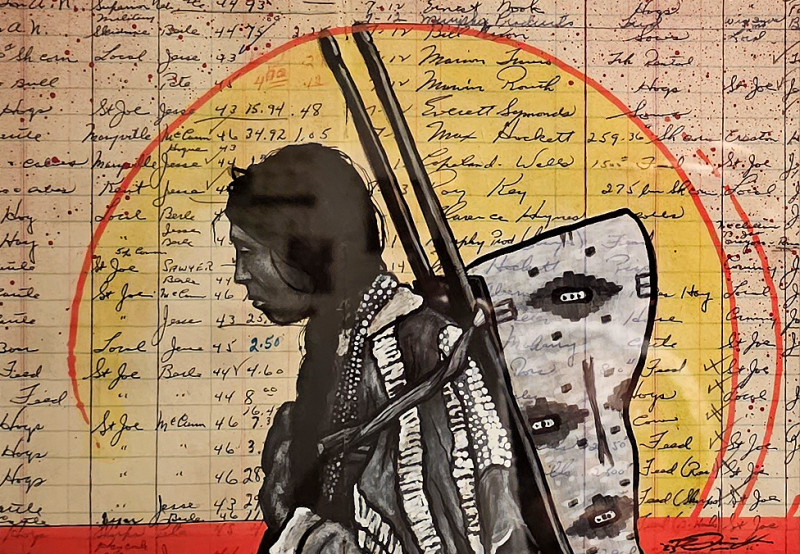 Ledger art of a single Native American, profile with a sad facial expression. Artwork done in red, yellow and black ink